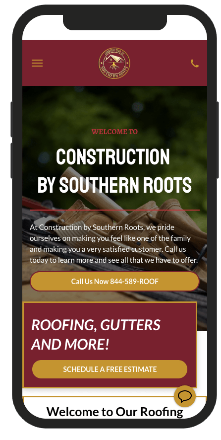 A cell phone displaying a construction by southern roots website.