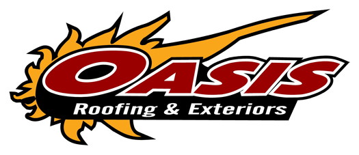 Oasis Roofing & Exteriors logo with red and black lettering and a flame-like orange graphic