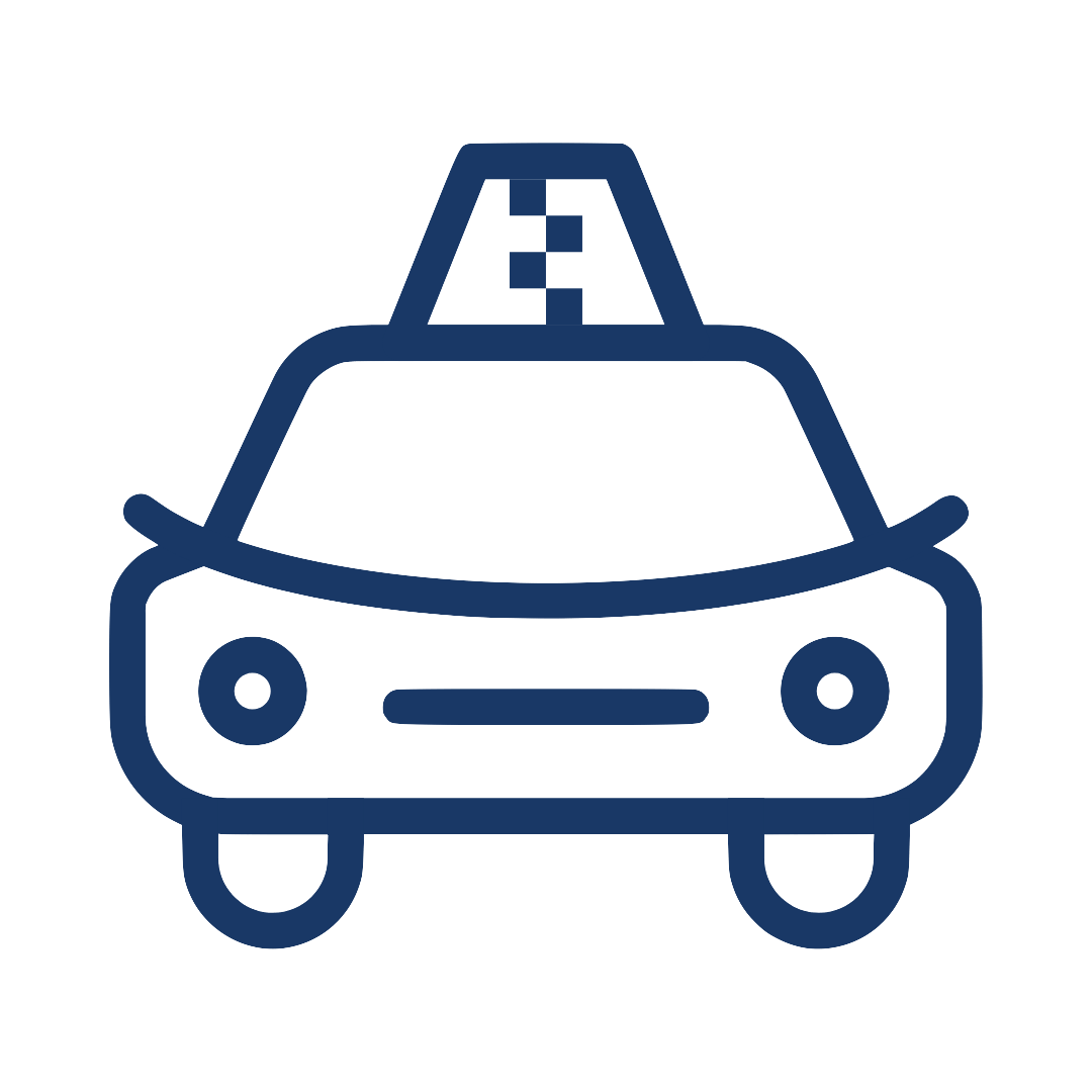 Blue outline icon of a taxi cab front view with a roof sign