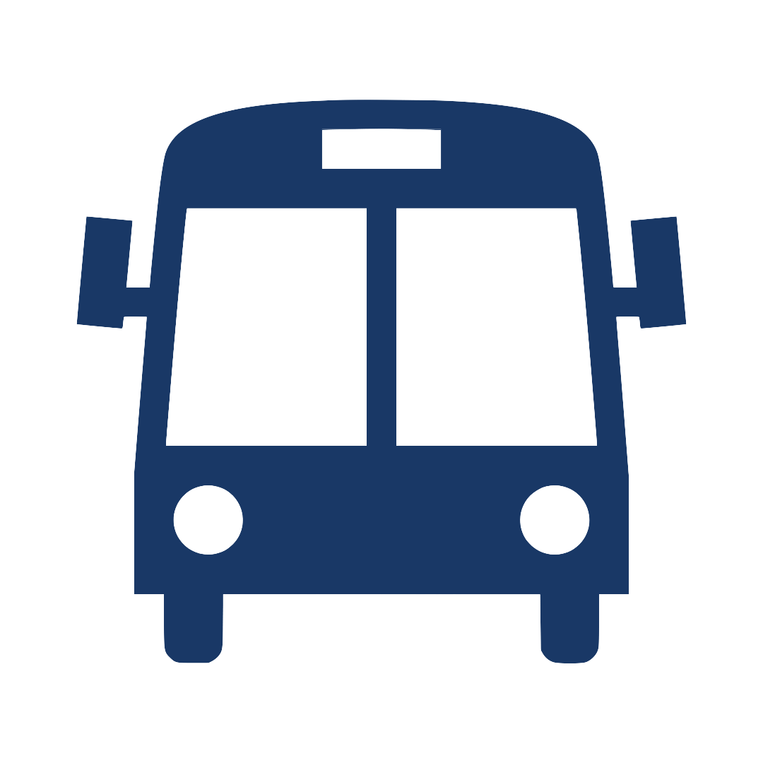Blue front-view bus icon on a white background