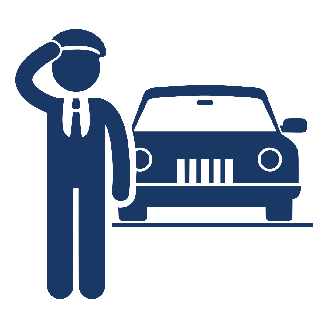 Blue icon of a traffic officer saluting beside a car