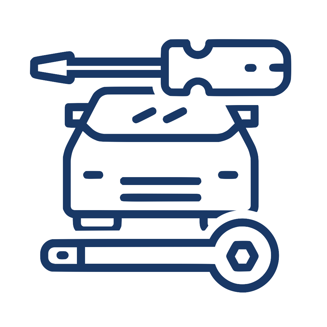 Blue line icon of a toolbox with a screwdriver and wrench, representing tools or repair.