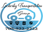 Lokerby Transportation Group logo with car icon, taxi and shuttle services, blue and black text, phone 705-522-2222