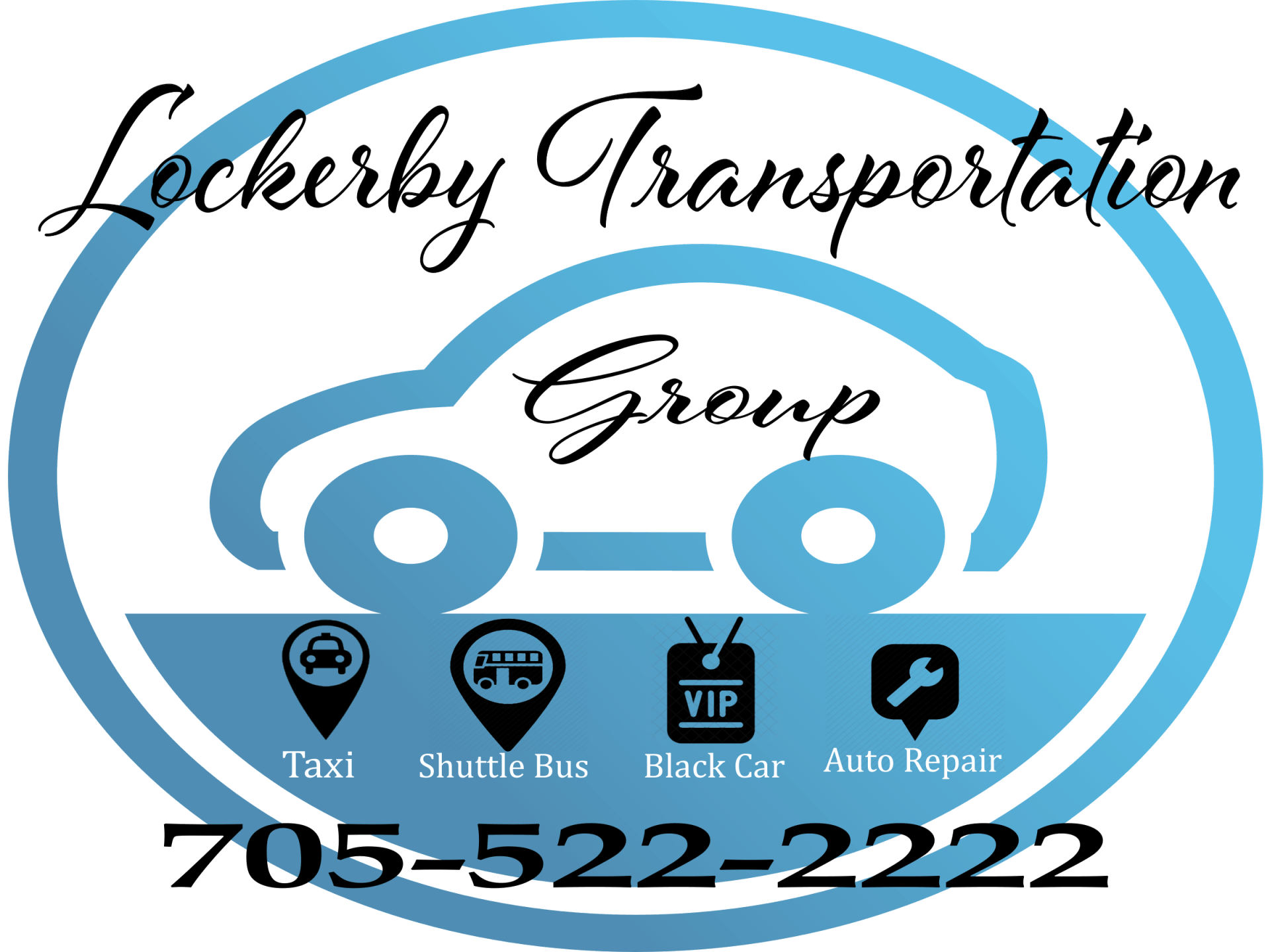 Lokerby Transportation Group logo with car icon, taxi and shuttle services, blue and black text, phone 705-522-2222