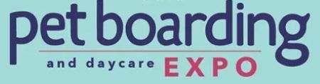 Pet Boarding and Daycare EXPO logo in blue, pink and white text on a light green background.