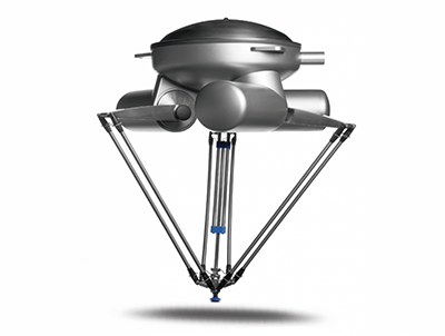 Dron o robot de ciencia ficción plateado con patas de trípode sobre un fondo blanco.