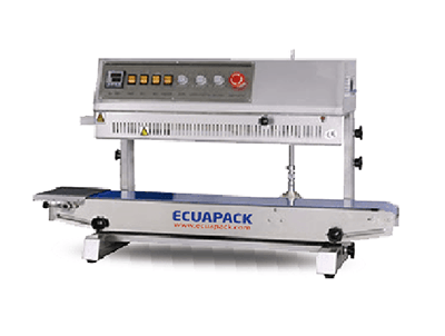 Transportador industrial de acero inoxidable con panel de control y base ECUPACK azul.
