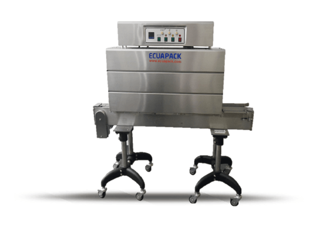 Máquina industrial de acero inoxidable sobre patas con ruedas y panel de control en la parte superior.
