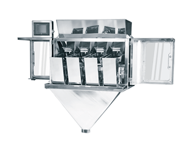 Máquina industrial de acero inoxidable con múltiples tolvas y salida en forma de embudo.