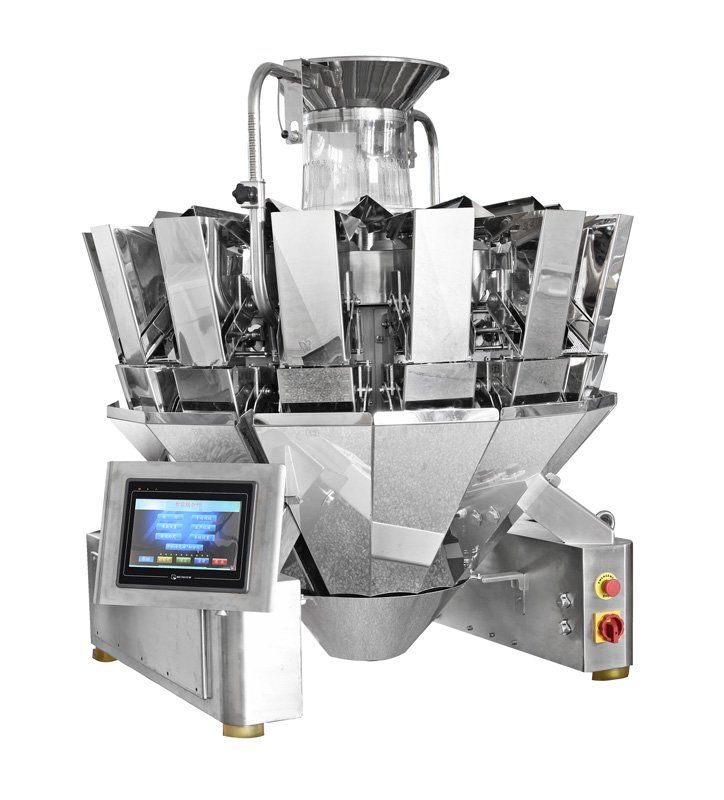 Máquina de pesaje y llenado multicabezal de acero inoxidable con panel de control táctil sobre fondo blanco.
