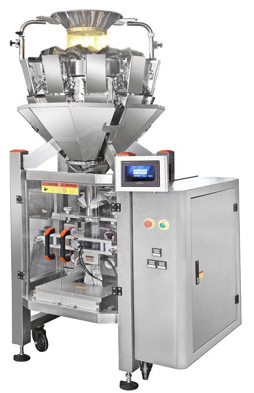 Máquina de envasado industrial automatizada con tolva de acero inoxidable, pantalla de control y armario cerrado.