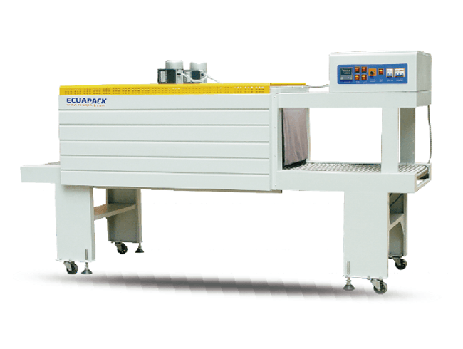 Máquina industrial de envasado retráctil con carcasa blanca, parte superior amarilla y panel de control sobre ruedas.