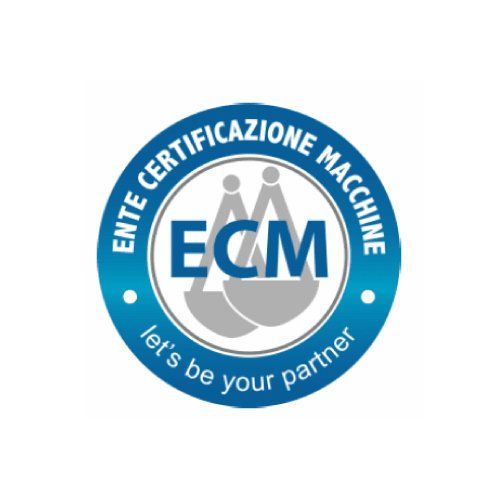 Logotipo azul de certificación ECM con texto circular “Ente Certificazione Macchine” y “Let’s be your partner”.