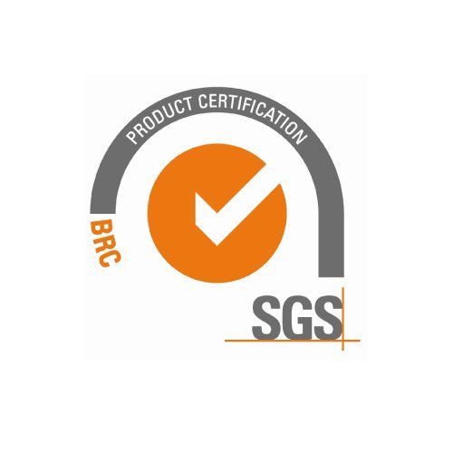 Logotipo de certificación de producto SGS BRC con marca de verificación naranja y arco gris.