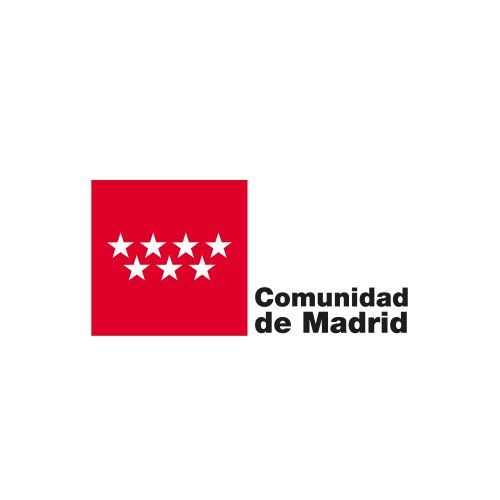 Logo de la Comunidad de Madrid: cuadrado rojo con siete estrellas blancas junto al texto negro.