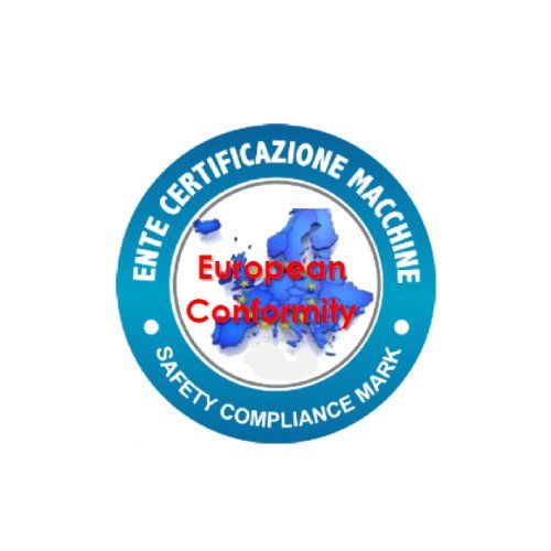 Marca circular azul de conformidad de seguridad de la UE con un mapa de Europa y el texto rojo 