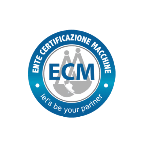 Logotipo circular azul de certificación ECM con texto blanco “ENTE CERTIFICAZIONE MACCHINE” y “let’s be your partner”