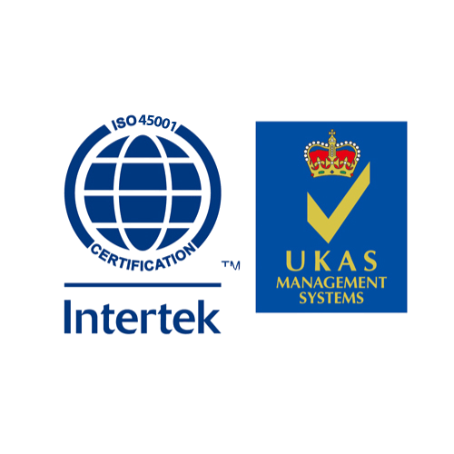 Certificación ISO 45001 de Intertek y logotipos de UKAS Management Systems sobre fondo blanco.