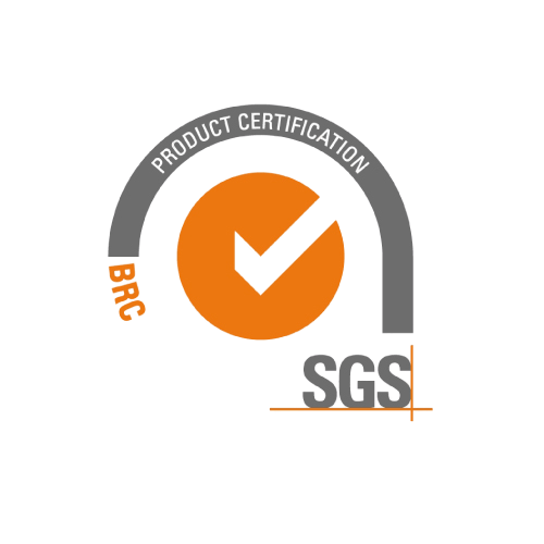 Logotipo de certificación de producto SGS con marca de verificación naranja y arco gris, además del texto BRC.
