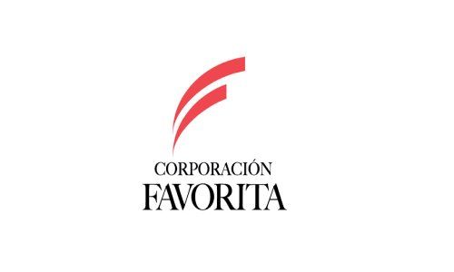 Logotipo de Corporación Favorita con una franja roja sobre texto negro sobre fondo blanco.