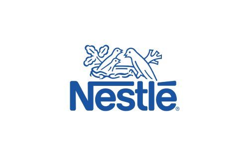 Logotipo de Nestlé en azul con pájaros estilizados y un nido sobre el nombre de la marca, sobre un fondo blanco.