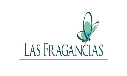 Logotipo de Las Fragancias con texto color turquesa y un icono de mariposa verde azulada sobre un fondo blanco.