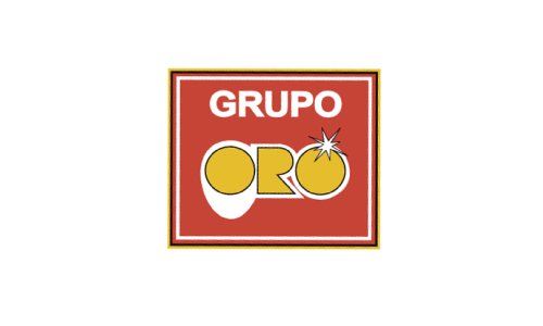Logotipo con “GRUPO ORO” en blanco y amarillo sobre un fondo cuadrado rojo.