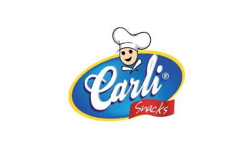 Logotipo de Carli Snacks con un gorro de chef sonriente y fondo ovalado azul.