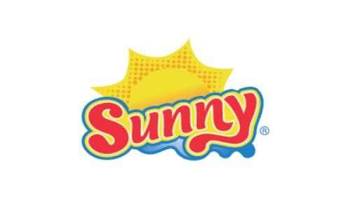 Logotipo de Sunny en rojo y amarillo con un sol amarillo estilizado encima.