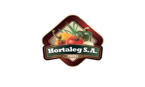 Logotipo de Hortaleg SA con verduras sobre un emblema marrón en forma de diamante y una pancarta verde.