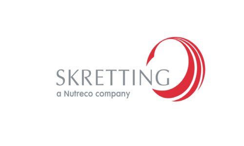 Logotipo de Skretting con emblema circular rojo y texto gris, 