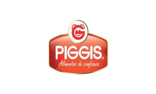 Logotipo rojo de PIGGIS con un emblema circular blanco y el lema “Alimentos de confianza”.