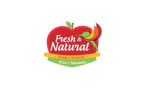 Logotipo de frutas y verduras frescas y naturales con una manzana roja, una pancarta verde y una cinta amarilla.