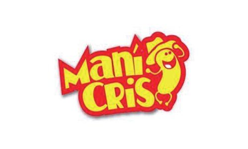 Logotipo rojo y amarillo de Mani Cris con una mascota de dibujos animados sonriente y texto en negrita.