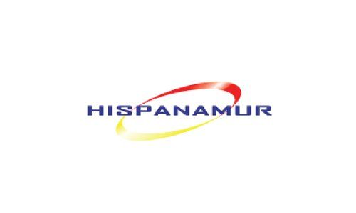 Logotipo de HISPANAMUR en azul y rojo con una franja amarilla sobre fondo blanco.