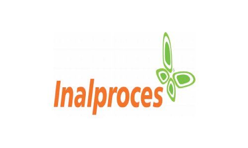 Logotipo de Inalproces en texto naranja con un icono de hoja abstracta verde sobre un fondo blanco.