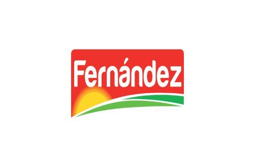 Logotipo de Fernández en texto blanco sobre fondo rojo con detalles en forma de swoosh verde y amarillo.