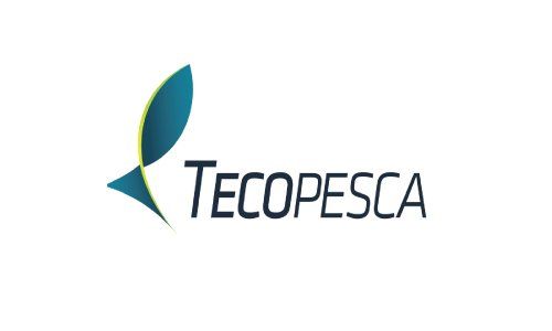 Logotipo de Tecopesca con icono de hoja azul verdosa y texto gris oscuro sobre fondo blanco.