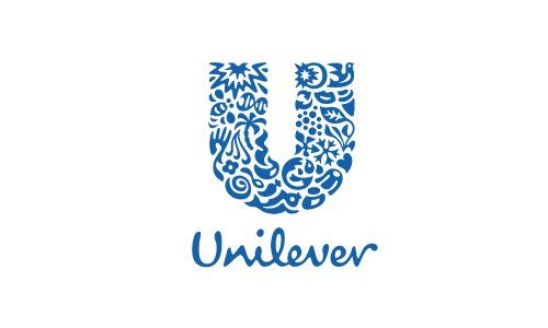 Logotipo azul de Unilever con motivos florales decorativos sobre la palabra Unilever.