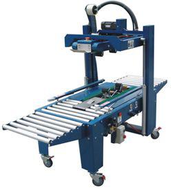 Transportador industrial azul con mesa de rodillos y bastidor con ruedas.