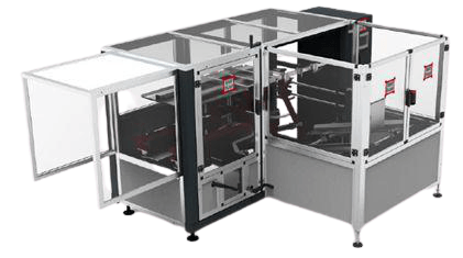 Máquina de embalaje robótica industrial encerrada en una estructura de seguridad transparente, con componentes en blanco y negro.