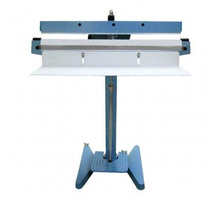 Cortadora de papel de pie azul y blanca con barra superior ajustable y base de trípode.