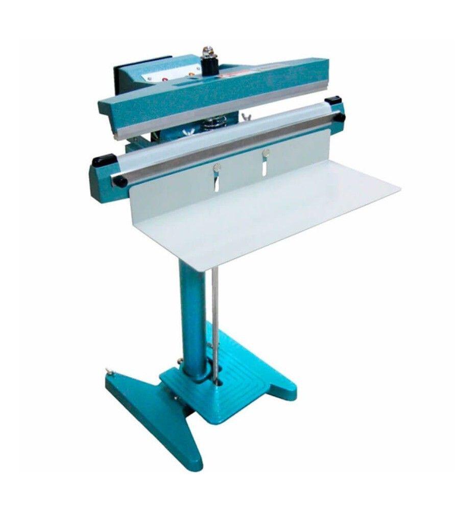 Selladora de bolsas de sobremesa de color turquesa y blanco con soporte y pedal.