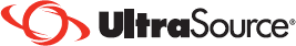 Logotipo de UltraSource con un remolino abstracto rojo y texto negro sobre un fondo blanco.