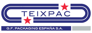 Logotipo de TEIXPAC, imagen corporativa en azul y rojo con estrellas y el texto “GF PACKAGING ESPAÑA SA”