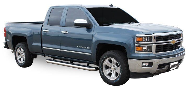 A black pickup truck with a silver running board
