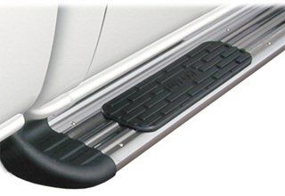 A silver running board with black treads