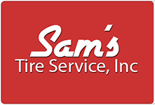 Sam's Tire Service, Inc. logo: white text on a red background.