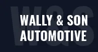 Wally & Son Automotive logo. White text on dark blue background. 