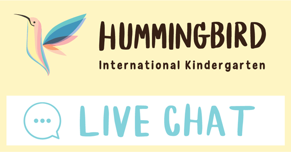 A logo for hummingbird international kindergarten with a live chat button
